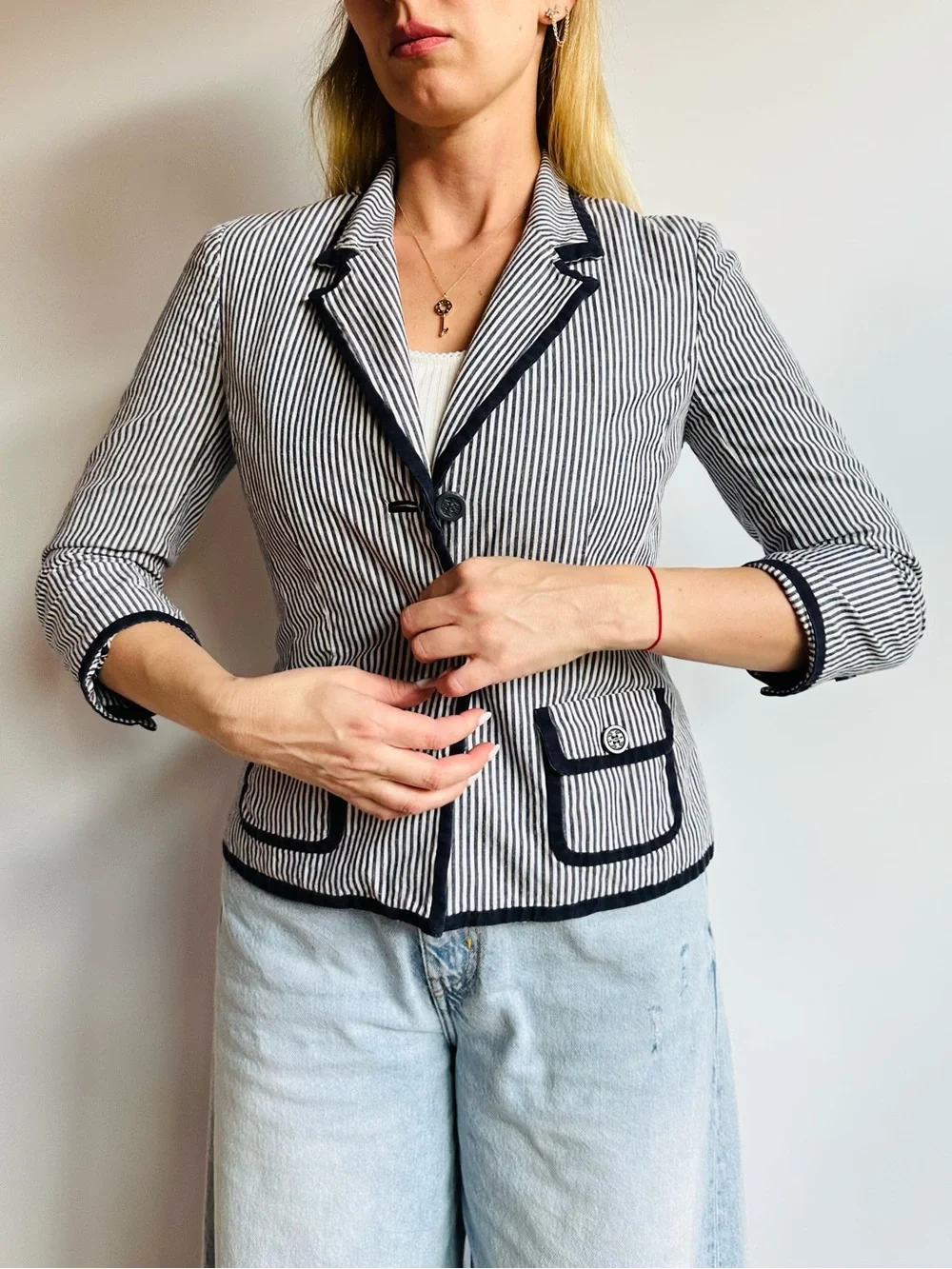 Vintage Tory Burch Seersucker Stripe Linen Cotton Blazer Jacket Navy Preppy